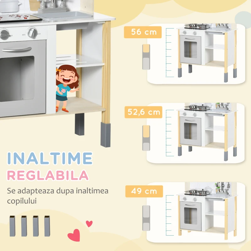 AIYAPLAY Jucarie de bucatarie pentru copii cu inaltime reglabila, efecte sonore, lumini si ustensile, din MDF si PP, 60x30,5x93,2 cm, gri si alb
