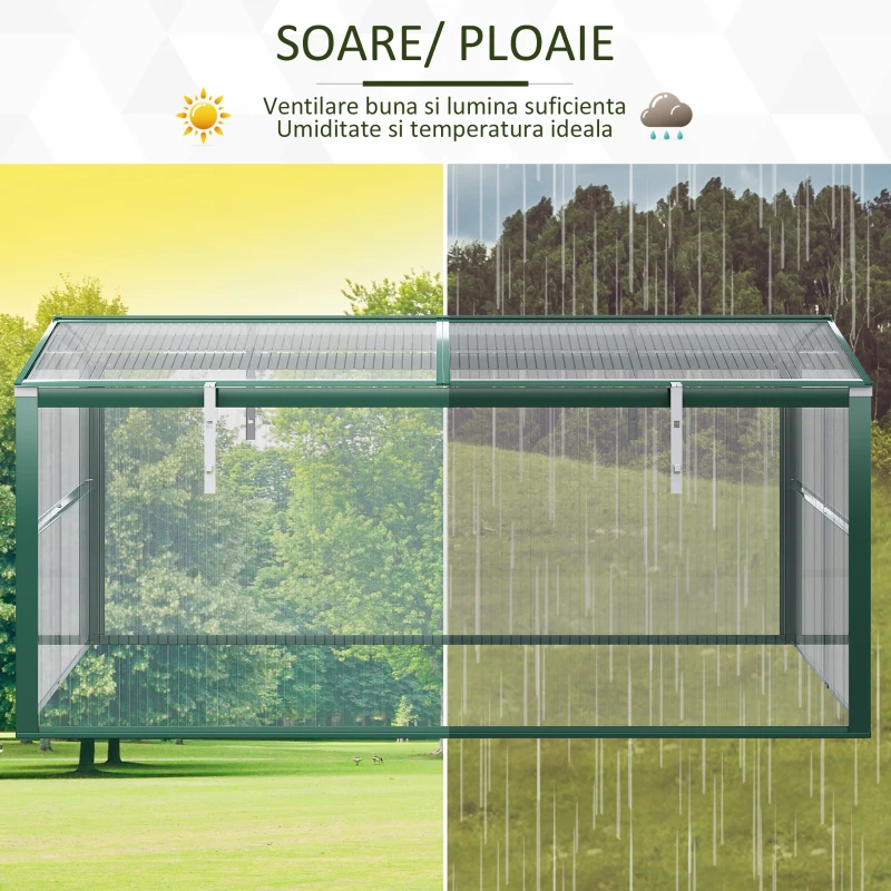 Outsunny Sera de gradina din policarbonat si aluminiu cu acoperis reglabil, 130 x 70 x 61cm, verde si transparenta
