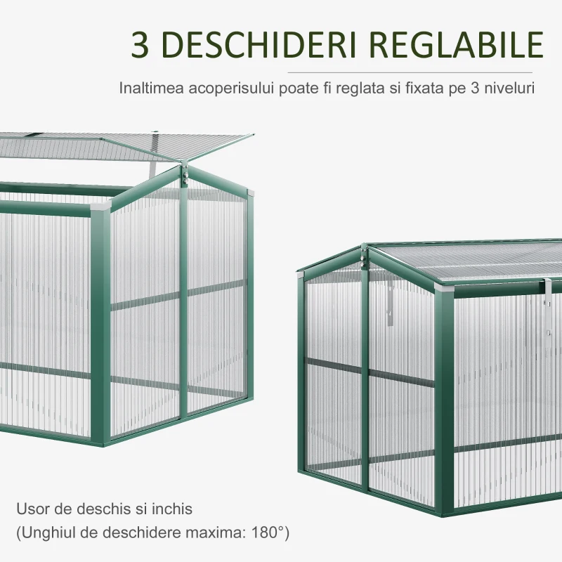Outsunny Sera de gradina din policarbonat si aluminiu cu acoperis reglabil, 130 x 70 x 61cm, verde si transparenta
