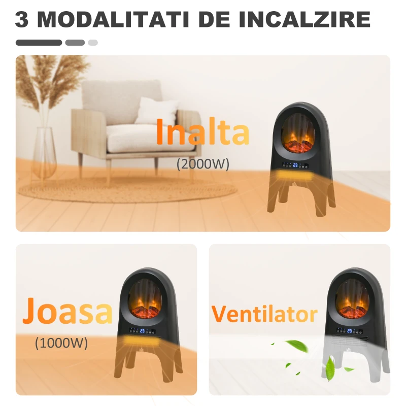 HOMCOM Incalzitor cu ventilator cu 3 moduri de incalzire cu temperatura reglabila si telecomanda, din ABS, 33,7x25,5x60,4 cm, negru