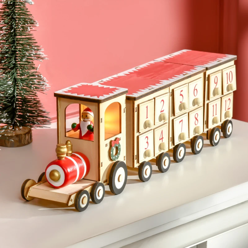 HOMCOM Calendar de Craciun in forma de tren cu Mos Craciun si lumina LED inclusa, din placaj, 40x8x11 cm, lemn si rosu