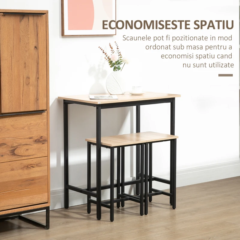 HOMCOM Set 3 piese cu masa si 2 scaune de bucatarie in stil industrial, mobilier modern pentru sufragerie si living, lemn natural si negru