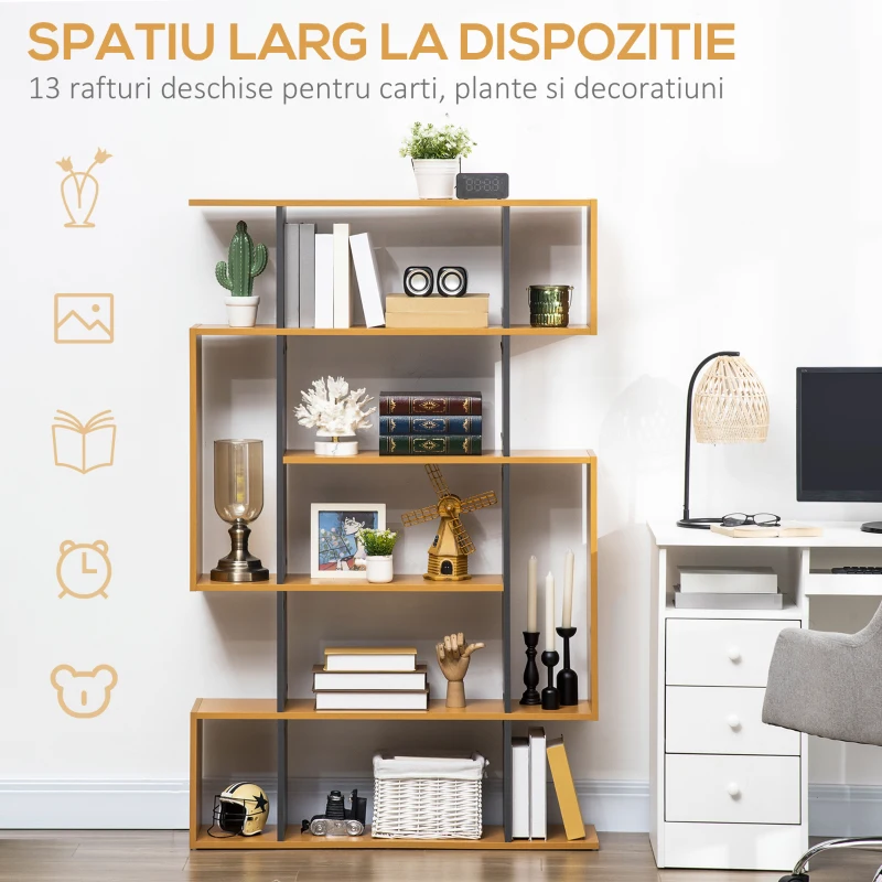 HOMCOM Biblioteca moderna cu 5 nivele si  13 rafturi deschise si design esalonat, din PAL, 95x25x150,5 cm, culoare gri si lemn