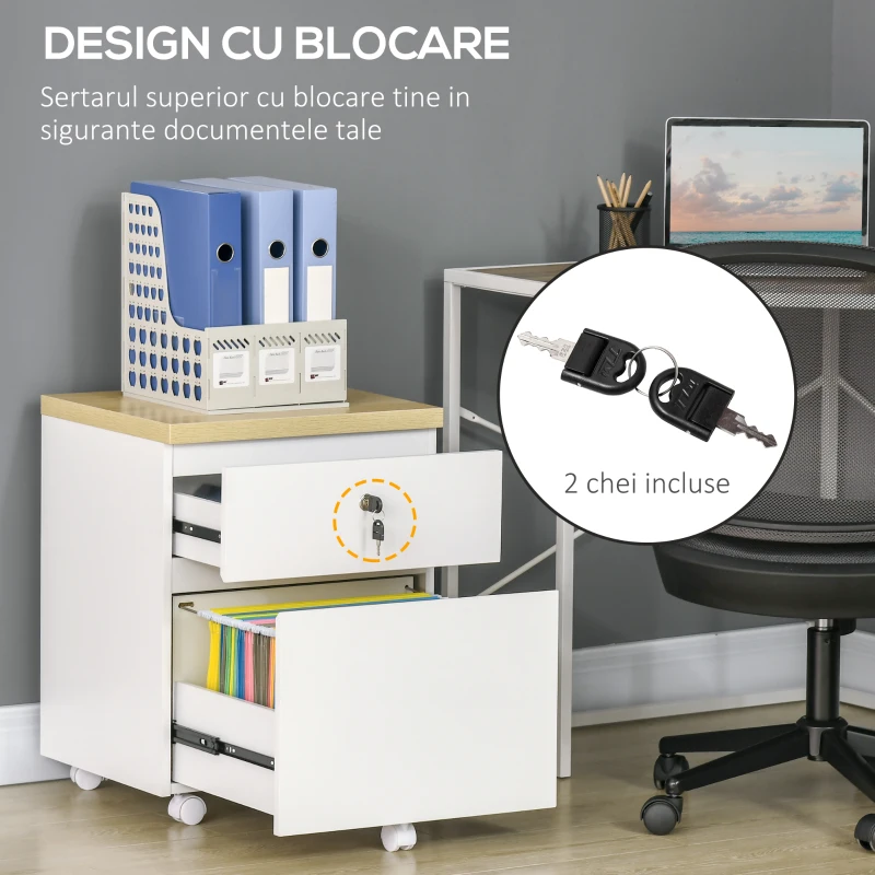 Vinsetto Dulap de birou cu 2 sertare, sertar document A4 cu blocare si 5 roti, 47x39,5x62cm, alb