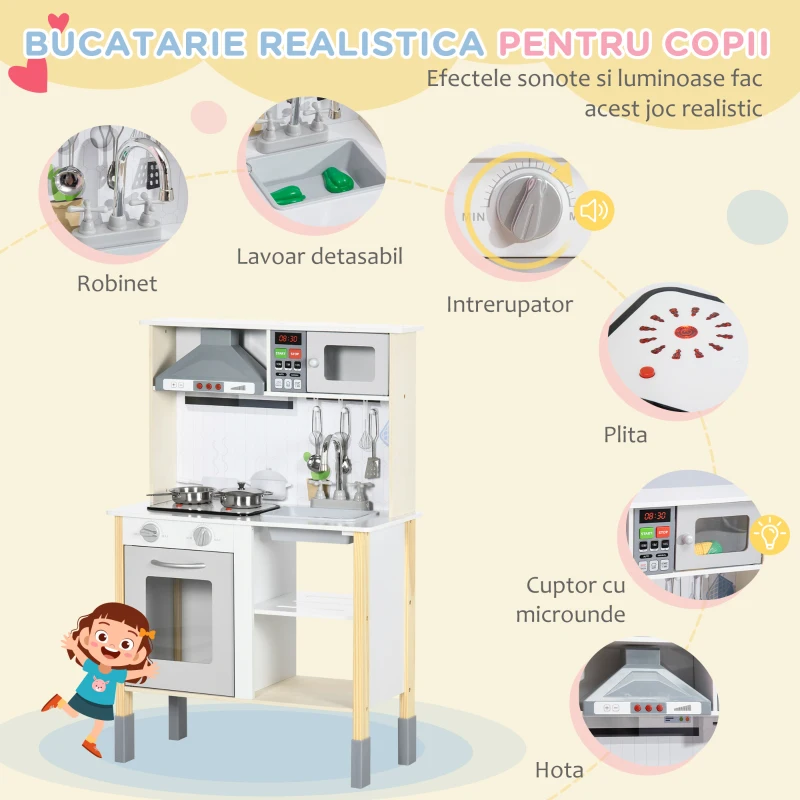 AIYAPLAY Jucarie de bucatarie pentru copii cu inaltime reglabila, efecte sonore, lumini si ustensile, din MDF si PP, 60x30,5x93,2 cm, gri si alb