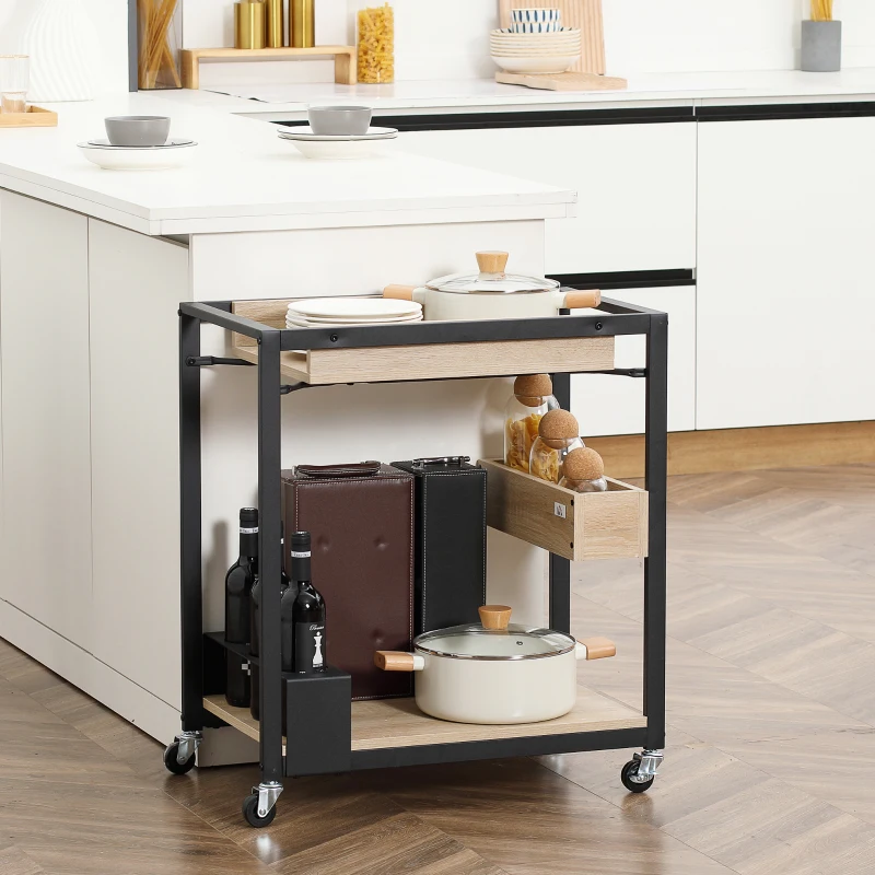 HOMCOM Carrito de Cocina con Ruedas Carro de Servicio con 2 Estantes Caja de Almacenaje y Botellero 64x38x73 cm Roble