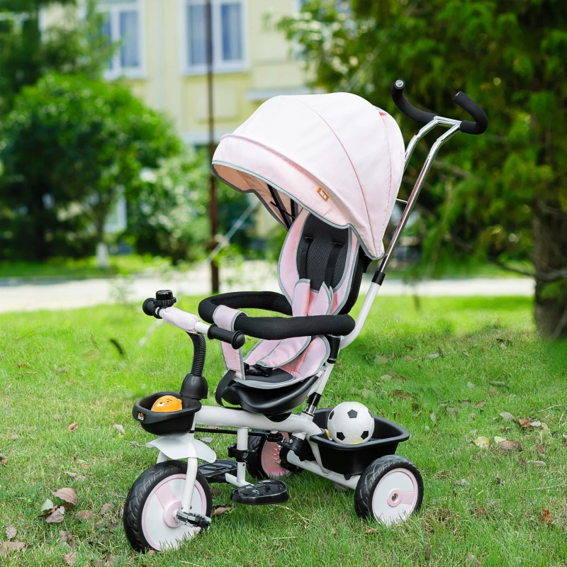 HOMCOM 2 in 1 Kinderdreirad Jogger mit Lenksystem Stange Korb Sonnendach für 1-5 Jahre Samt-Touch Rosa 100 x 48 x 106 cm