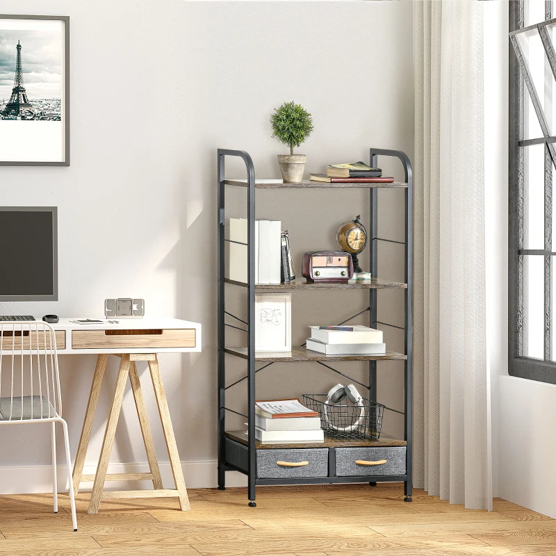 HOMCOM Mobilier biblioteca cu 4 rafturi si 2 sertare pentru sufragerie, birou si dormitor, din PAL, otel si tesatura cu efect de in, 64x27,5x121 cm