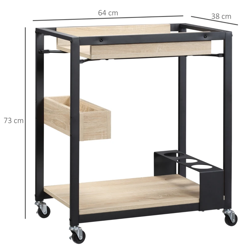 HOMCOM Carrito de Cocina con Ruedas Carro de Servicio con 2 Estantes Caja de Almacenaje y Botellero 64x38x73 cm Roble