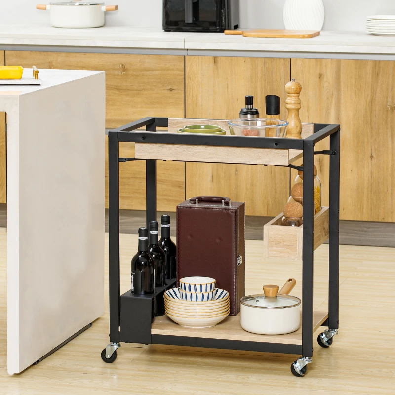 HOMCOM Carrito de Cocina con Ruedas Carro de Servicio con 2 Estantes Caja de Almacenaje y Botellero 64x38x73 cm Roble