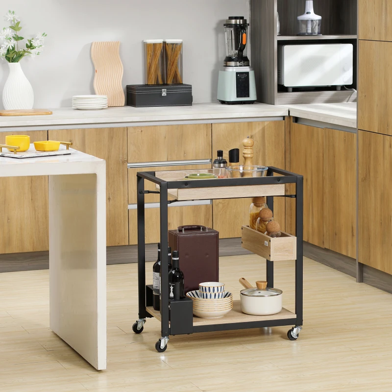 HOMCOM Carrito de Cocina con Ruedas Carro de Servicio con 2 Estantes Caja de Almacenaje y Botellero 64x38x73 cm Roble