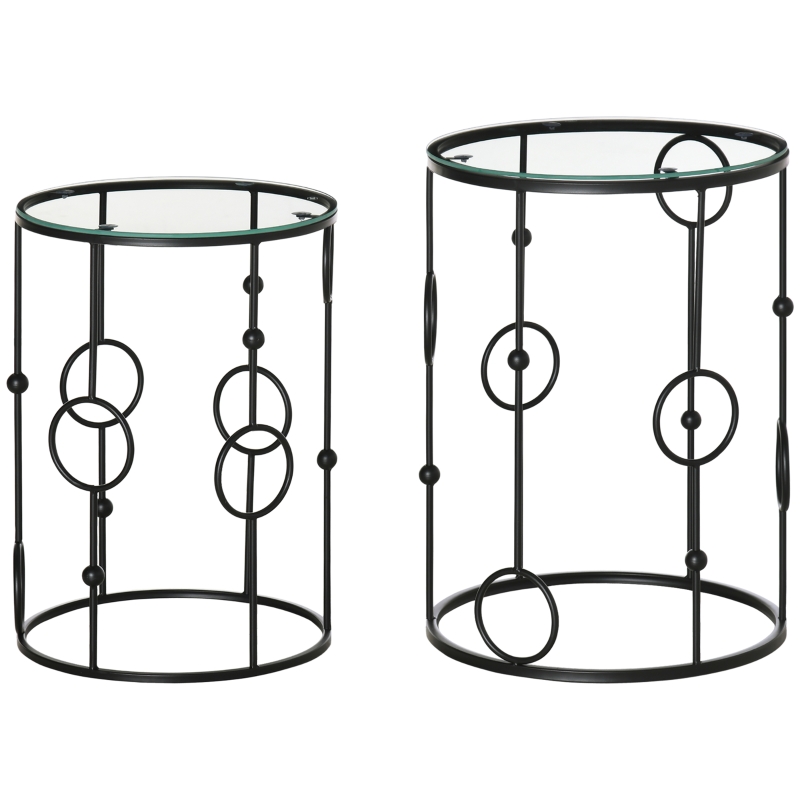 HOMCOM Set de 2 masute de cafea stivuibile din metal si sticla securizata Ø41x57cm si Ø36x51cm, negru