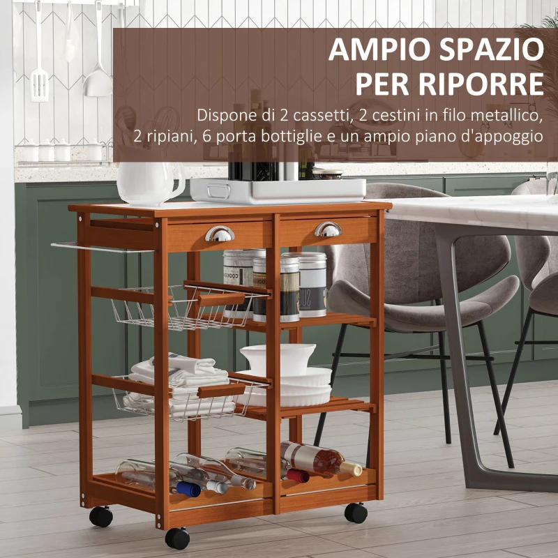 HOMCOM Carrello da Cucina Multiuso in Legno di Pino 74 x 37 x 76cm Marrone Chiaro