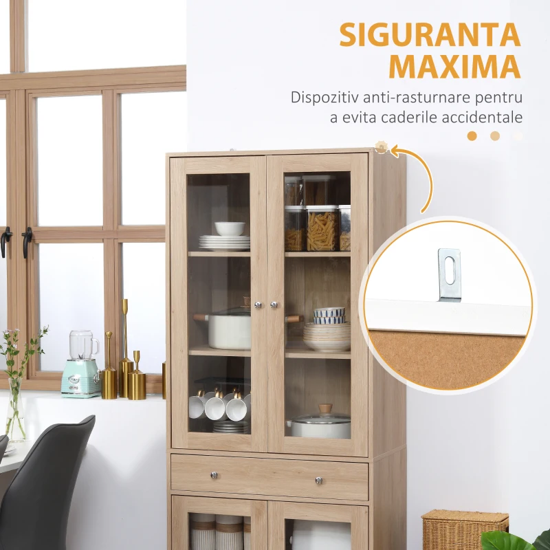 HOMCOM Dulap modern cu usi si sertar, dulap de bucatarie din lemn cu rafturi reglabile si baza inaltata, 76x40x183cm, culoarea lemnului