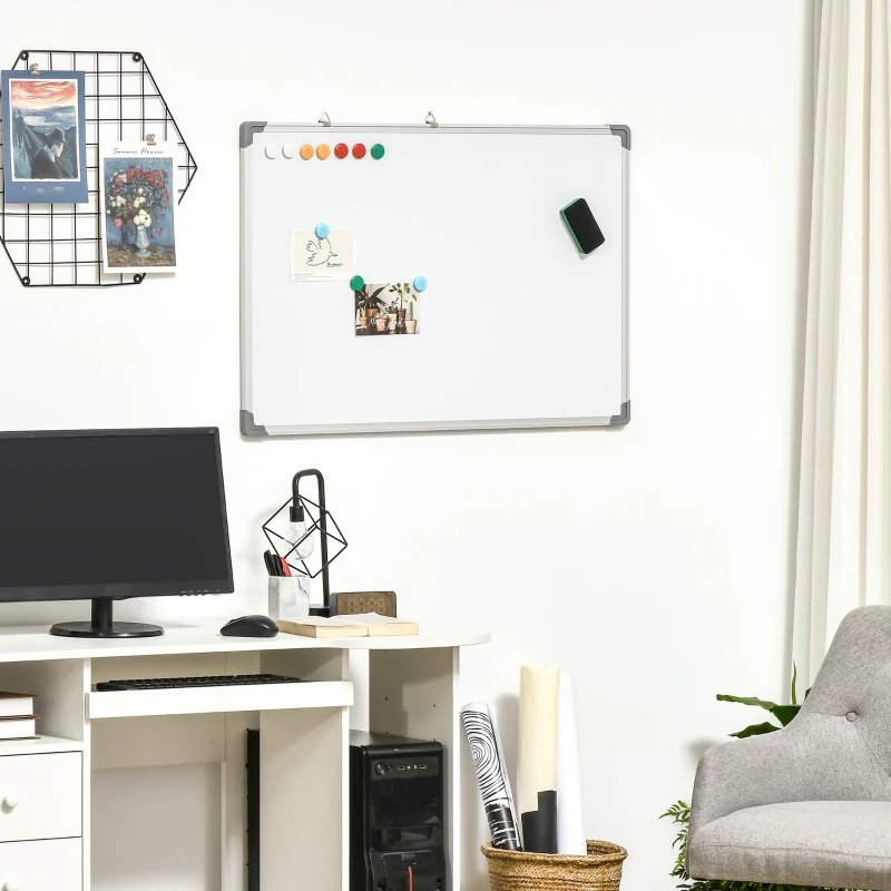 HOMCOM Tabla magnetica alba dreptunghiulara cu 4 markere, 1 radiera si 10 magneti incluse, din aluminiu si panou galvanizat, 90x60x1,8 cm