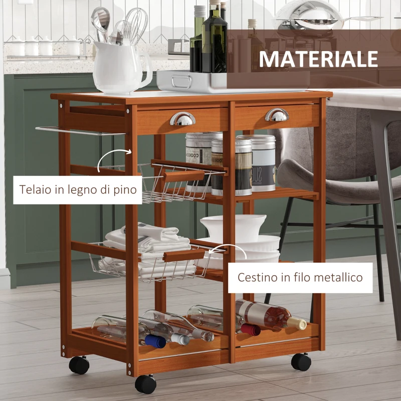 HOMCOM Carrello da Cucina Multiuso in Legno di Pino 74 x 37 x 76cm Marrone Chiaro