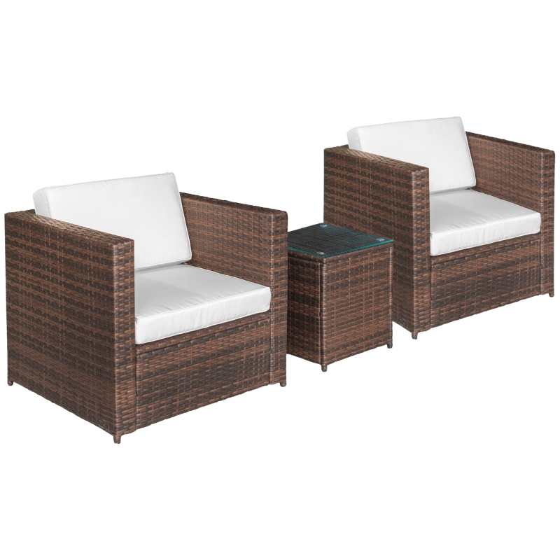 Outsunny Set Arredo per Esterni in PE Rattan Divanetti e Tavolino con Piano in Vetro Marrone