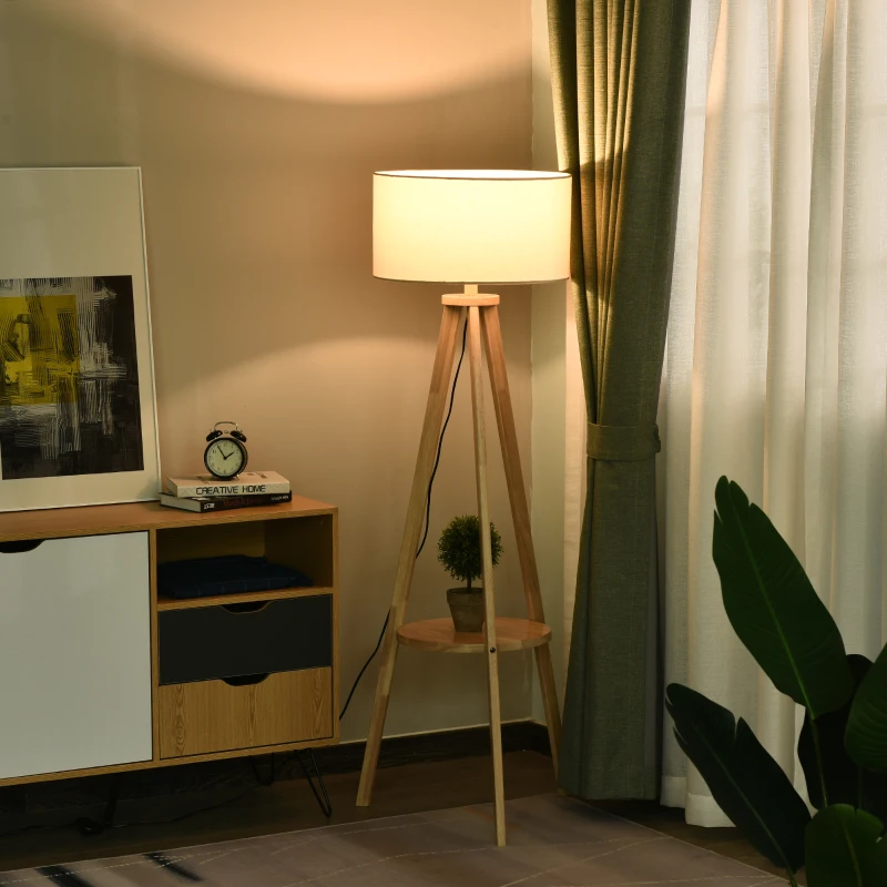 HOMCOM lampa podłogowa, lampa stojąca, lampa podłogowa z dodatkową półką, drewno sosnowe + stal + poliester, 54 x 54 x 154 cm (naturalny + kremowy)