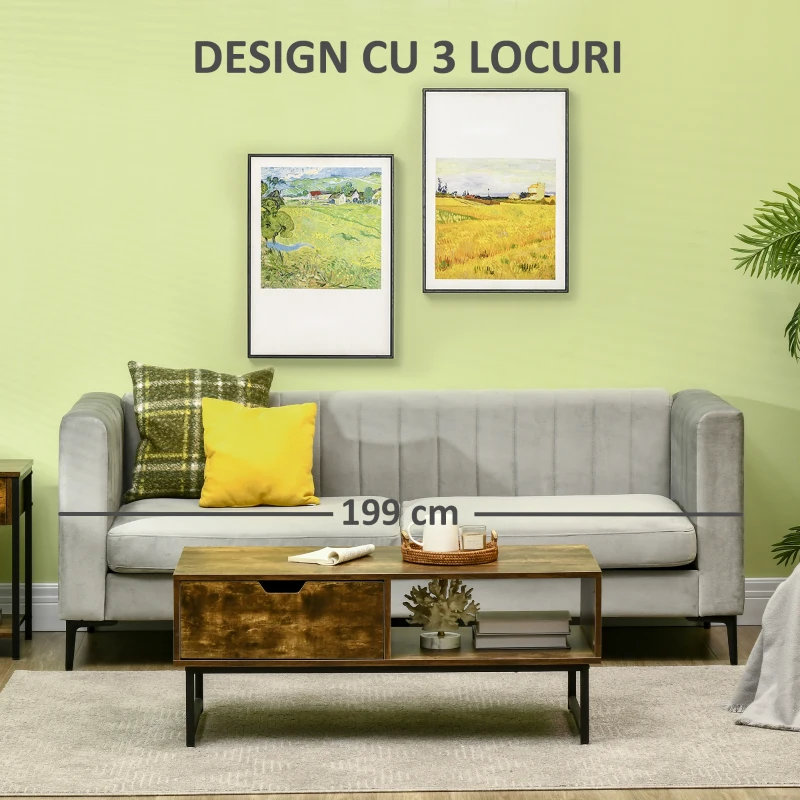 HOMCOM Canapea cu 3 locuri din catifea gri, canapea moderna tapitata cu 5 picioare si lamele pentru sufragerie si living, 199x72x75cm