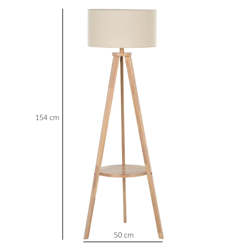 HOMCOM lampa podłogowa, lampa stojąca, lampa podłogowa z dodatkową półką, drewno sosnowe + stal + poliester, 54 x 54 x 154 cm (naturalny + kremowy)