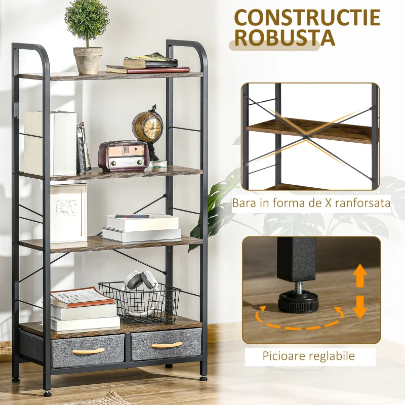 HOMCOM Mobilier biblioteca cu 4 rafturi si 2 sertare pentru sufragerie, birou si dormitor, din PAL, otel si tesatura cu efect de in, 64x27,5x121 cm