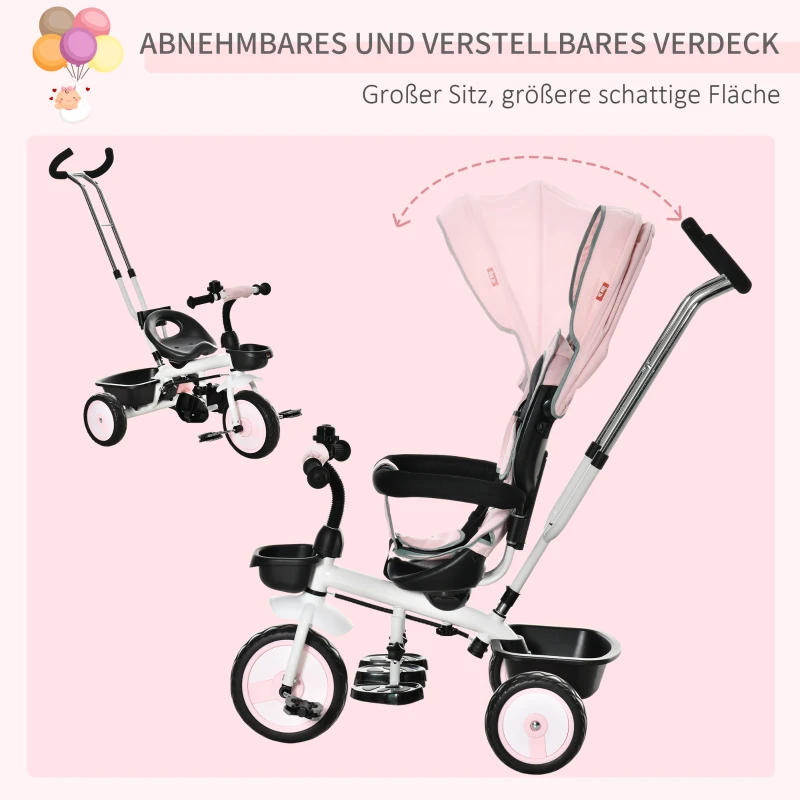 HOMCOM 2 in 1 Kinderdreirad Jogger mit Lenksystem Stange Korb Sonnendach für 1-5 Jahre Samt-Touch Rosa 100 x 48 x 106 cm