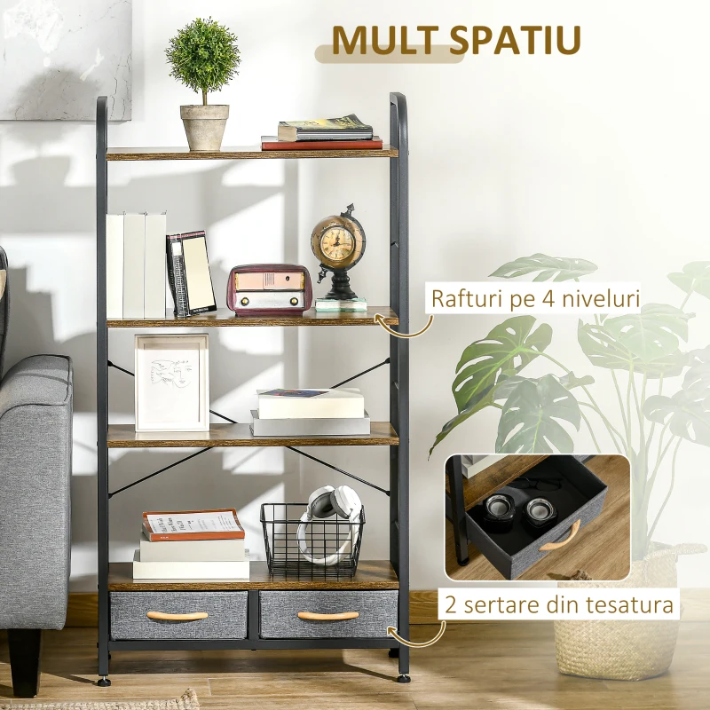 HOMCOM Mobilier biblioteca cu 4 rafturi si 2 sertare pentru sufragerie, birou si dormitor, din PAL, otel si tesatura cu efect de in, 64x27,5x121 cm
