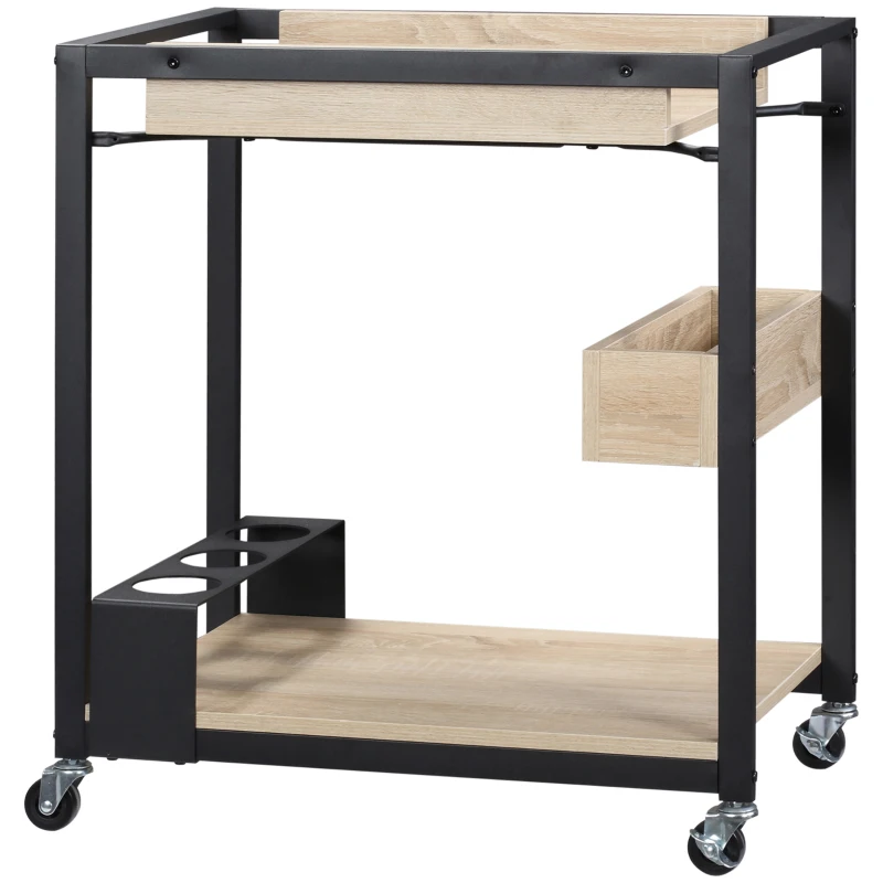 HOMCOM Carrito de Cocina con Ruedas Carro de Servicio con 2 Estantes Caja de Almacenaje y Botellero 64x38x73 cm Roble