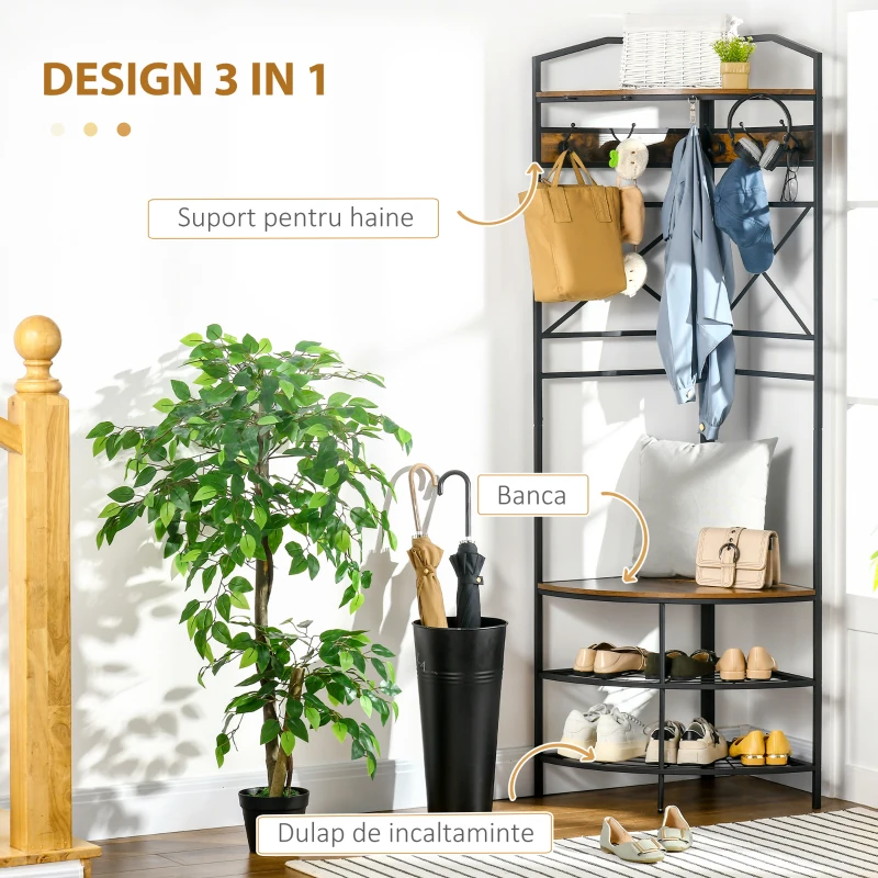 HOMCOM Suport Haina Colt – Banca, Pantofar & Carlige Stil Industrial