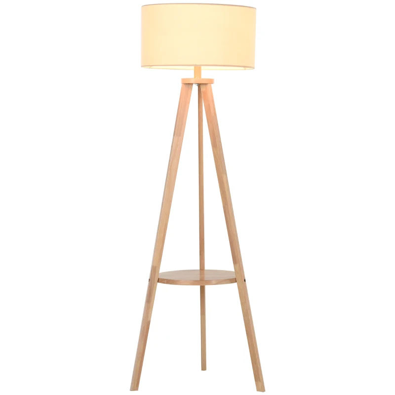 HOMCOM lampa podłogowa, lampa stojąca, lampa podłogowa z dodatkową półką, drewno sosnowe + stal + poliester, 54 x 54 x 154 cm (naturalny + kremowy)