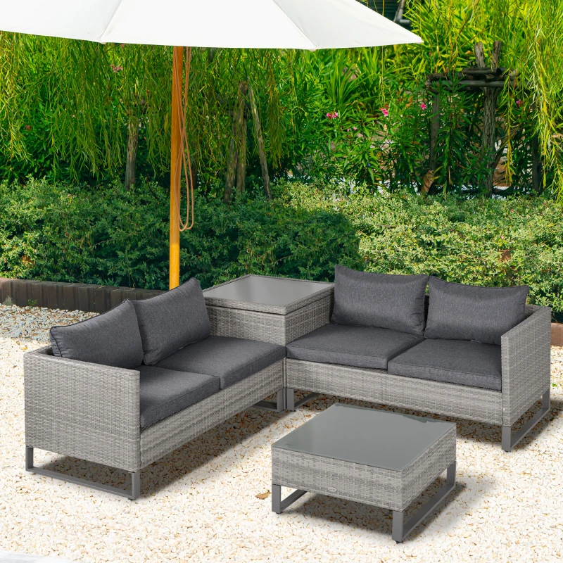 Outsunny Set Mobili da Giardino in Rattan PE con 2 Divani Angolari, Contenitore e Tavolino con Cuscini, Arredamento da Esterno in Grigio