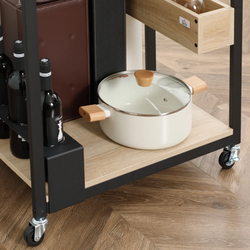 HOMCOM Carrito de Cocina con Ruedas Carro de Servicio con 2 Estantes Caja de Almacenaje y Botellero 64x38x73 cm Roble