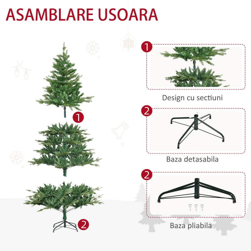 HOMCOM Brad de Craciun decorat si ignifug pentru interior cu 1443 de ramuri si baza metalica, din PE si PVC, Φ120x180 cm, verde