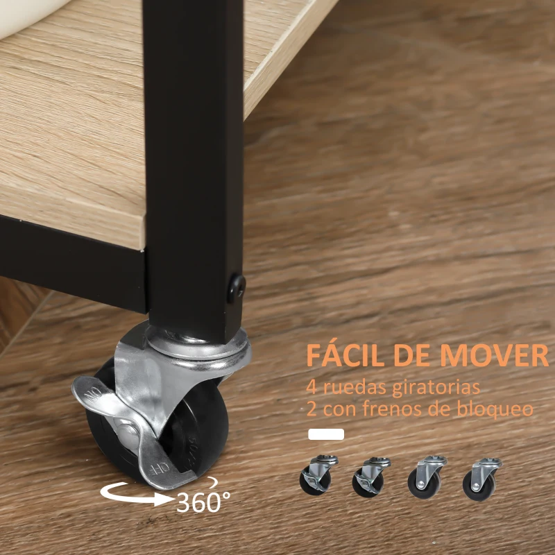 HOMCOM Carrito de Cocina con Ruedas Carro de Servicio con 2 Estantes Caja de Almacenaje y Botellero 64x38x73 cm Roble