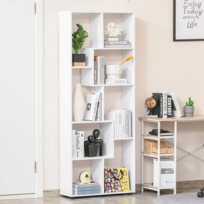 HOMCOM 8-Tier Freestanding Bookcase w/ Melamine Surface Anti-Tipping Foot Pads Home Display Storage Grid Stand Bedroom Living Room Furniture Modern Style - White