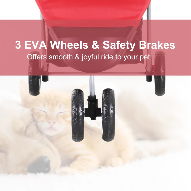 PawHut Pet Travel Stroller Cat Dog Pushchair Trolley Puppy Jogger Foldable Carrier Zipper Entry Three Wheels (Red)