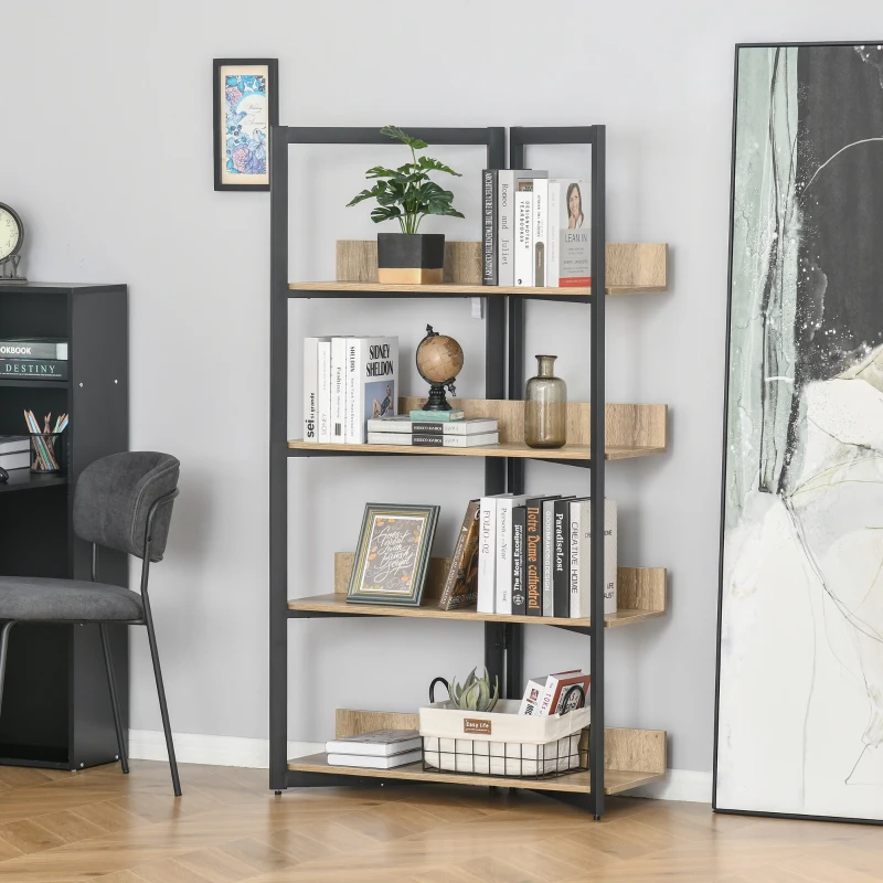 HOMCOM Estante de 4 Níveis Estante com Espaço de Armazenamento e Sistema Anti-Tombo 90x39x160cm Preto e Carvalho