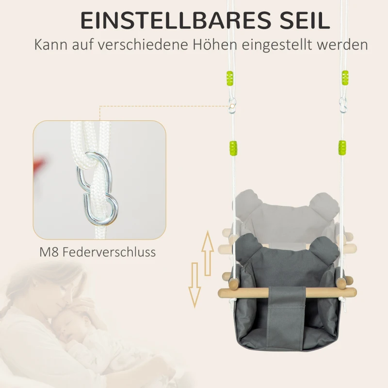 Outsunny Babyschaukel Kinderschaukel mit Sitzkissen Kleinkindschaukel Babysitz längenverstellbare Seile Baumwolle Hartholz Grau 40 x 40B x 180H cm