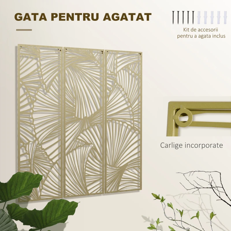 HOMCOM Decor de perete din metal , 3 piese, frunze aurii, 30 x 90 cm