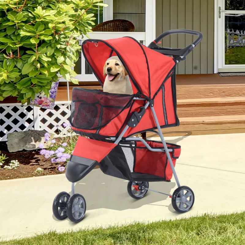 PawHut Pet Travel Stroller Cat Dog Pushchair Trolley Puppy Jogger Foldable Carrier Zipper Entry Three Wheels (Red)