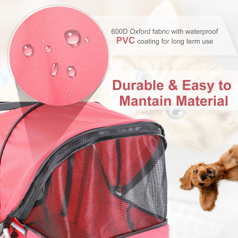PawHut Pet Travel Stroller Cat Dog Pushchair Trolley Puppy Jogger Foldable Carrier Zipper Entry Three Wheels (Red)