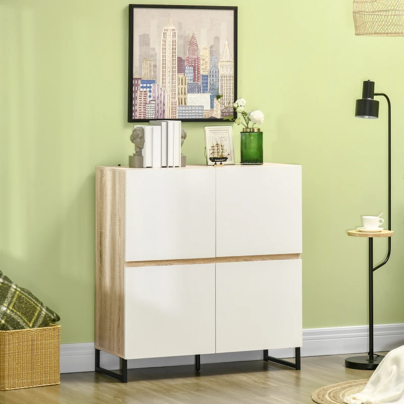 HOMCOM Dulap multifunctional cu 4 usi patrate, bufet modern pentru bucatarie, hol, dormitor, 100x41,5x107cm, alb
