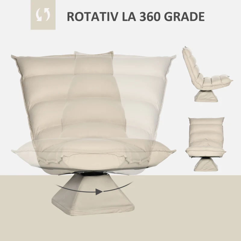 HOMCOM Fotoliu Relax din material capitonat cu pivotare la 360°, fotoliu rabatabil pe 3 nivele 62x62x95cm, bej(m-5)