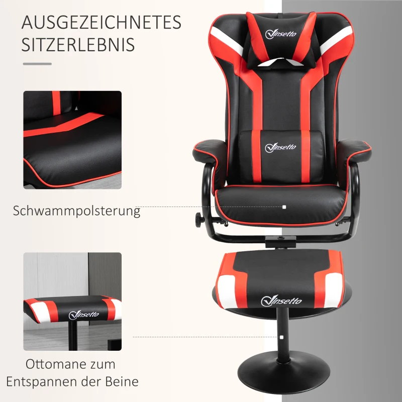Vinsetto Relaxsessel mit Hocker, Fernsehsessel, Polstersessel im Spiel-Stil, Gamingstuhl mit Liegefunktion, 130° neigbar, für Videoraum, Freizeitraum, Schwarz+Rot, 67 x 82,5 x 103 cm