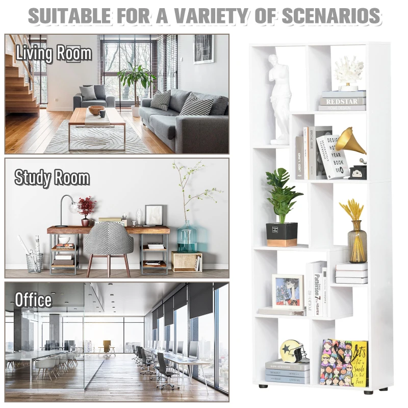 HOMCOM 8-Tier Freestanding Bookcase w/ Melamine Surface Anti-Tipping Foot Pads Home Display Storage Grid Stand Bedroom Living Room Furniture Modern Style - White