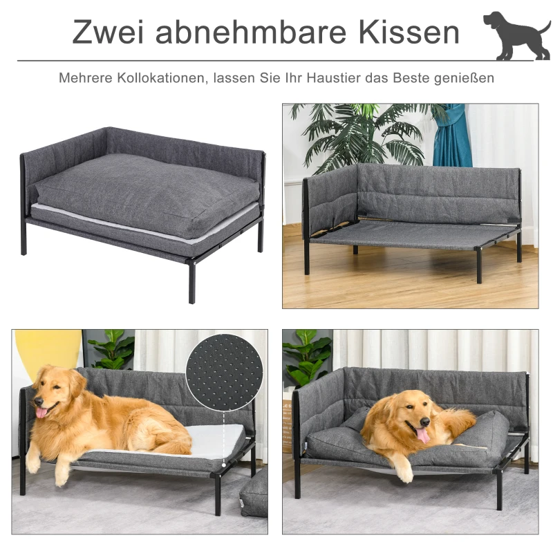 PawHut Hundesofa mit 2 Kissen Hundebett mit Metallgestell Hundecouch Haustierbett Hundematte für große Hunde bis zu 35 kg atmungsaktiv Grau 93,5 x 69 x 48,5 cm