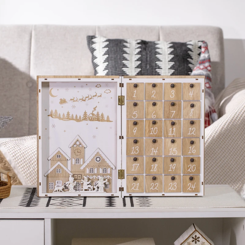 HOMCOM Calendar de Advent de Craciun in forma de carte cu decoratiuni tematice, 22x7x32 cm, din placaj, culoare alb si lemn