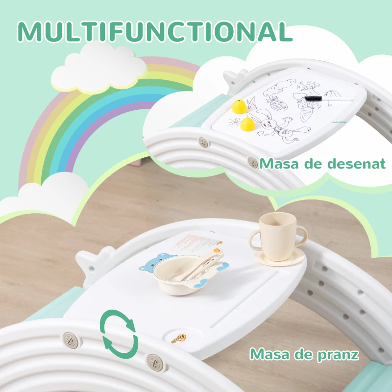 HOMCOM Set 2 in 1 cu masa scaune si leagan pentru copii 18-48 luni, din HDPE, 100x54x42 cm, gri si verde