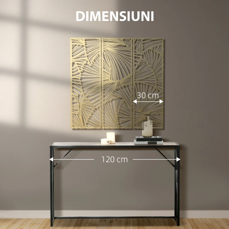 HOMCOM Decor de perete din metal , 3 piese, frunze aurii, 30 x 90 cm
