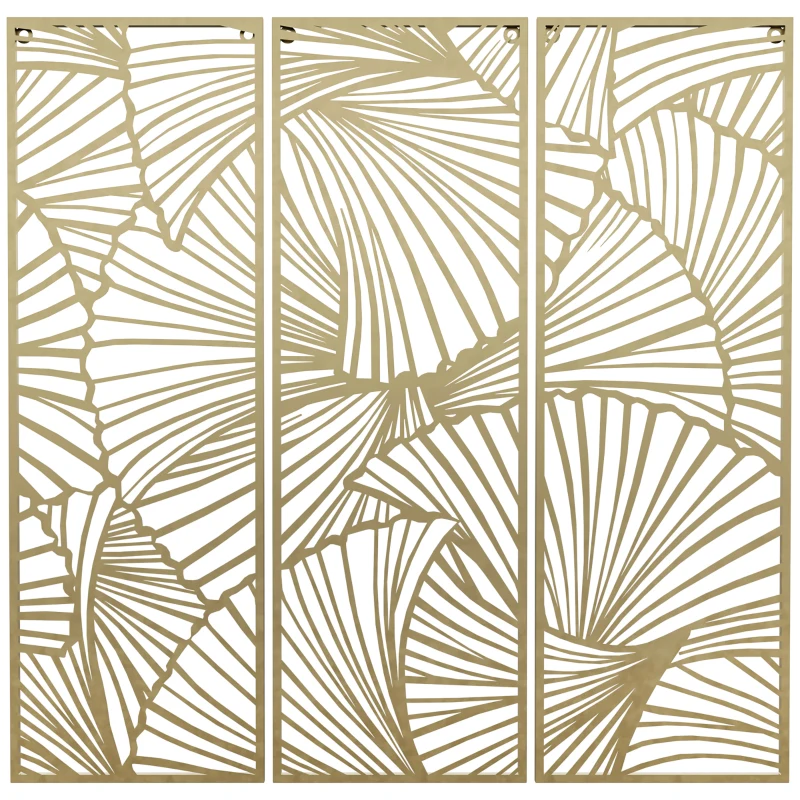HOMCOM Decor de perete din metal , 3 piese, frunze aurii, 30 x 90 cm